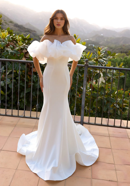 Lotus leaf edge length white off shoulder wedding dress