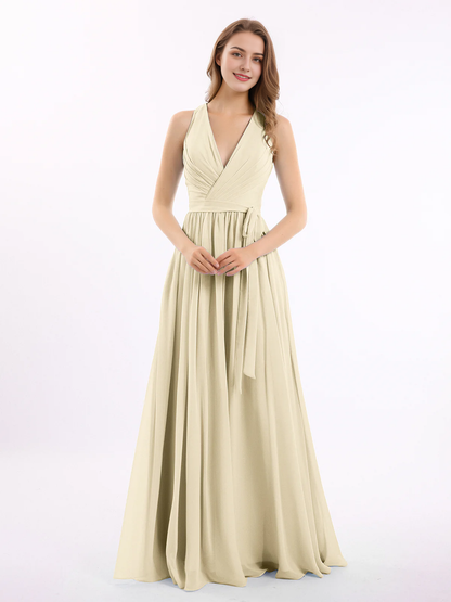 Deep V-neck belt bow chiffon dress