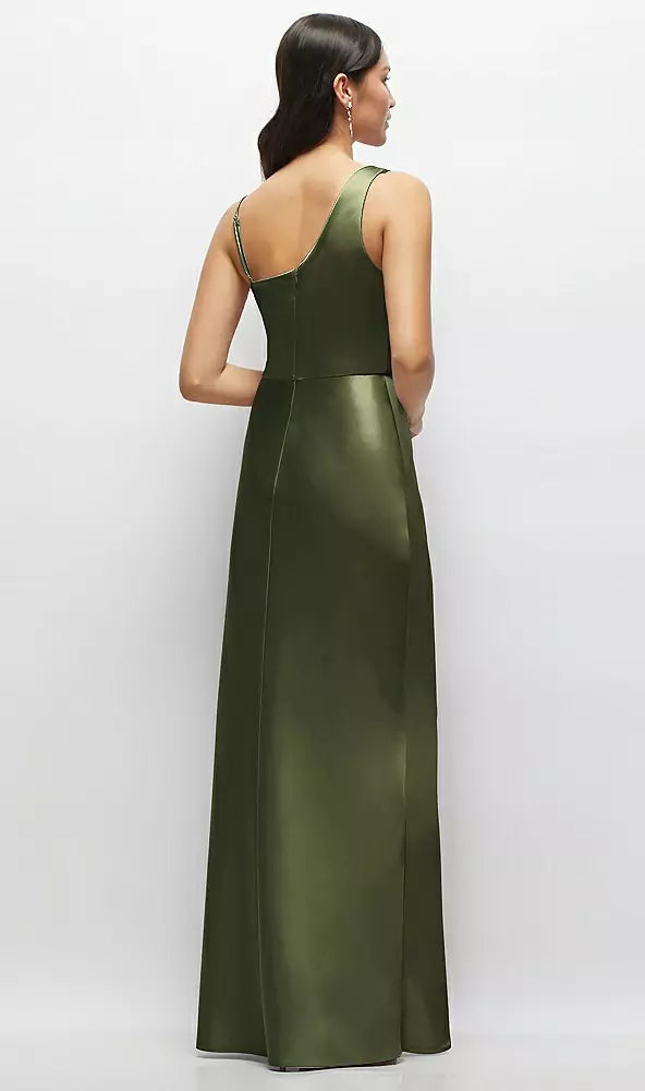 One shoulder hanging hood A-line satin ultra long bridesmaid dress