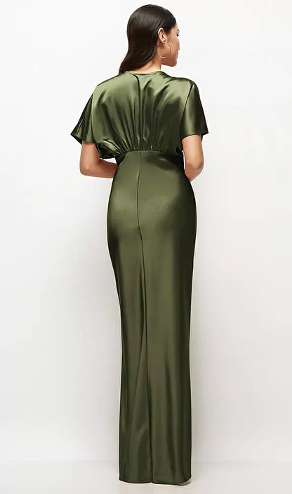 Deep V-neck kimono sleeves twill satin long bridesmaid dress