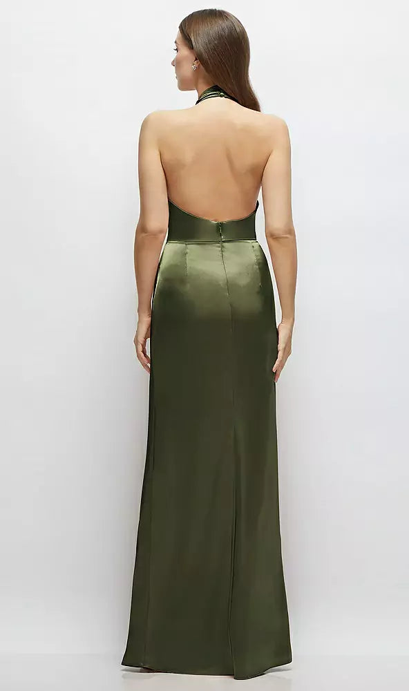 Cowl hanging neck backless satin and floor length bridesmaid dress