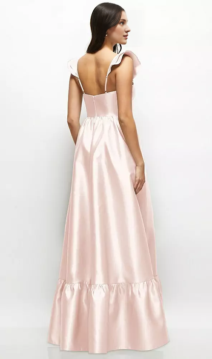 Ruffle shoulder strap satin tight corset long bridesmaid dress