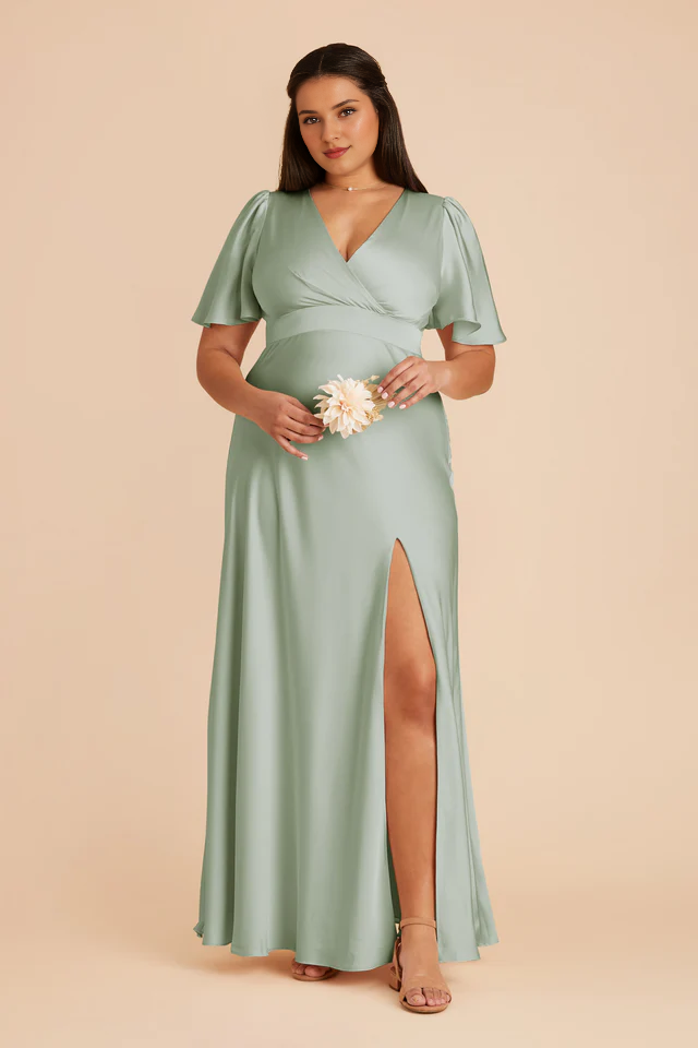 A-line V-neck cross ruffle sleeves satin slit bridesmaid dress