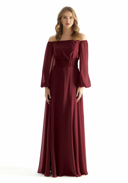 A-line off shoulder collar chiffon pleated Bohemian style bridesmaid dress