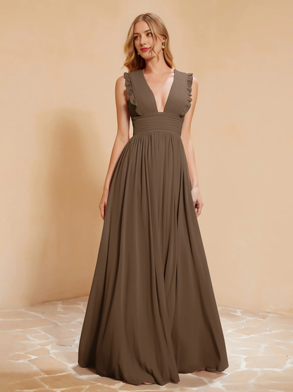 Deep V-neck ruffled pleated bridesmaid dress