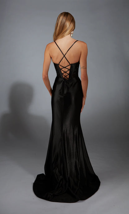 Satin deep V-neck slim evening gown with flared zipper slit long formal dress