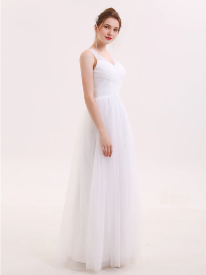 Lace shoulder strap chiffon long wedding dress