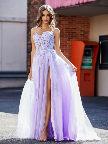 A-line decal top sheer slit Prom dress