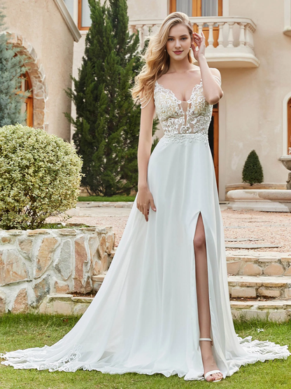 Chiffon lace A-line button wedding dress