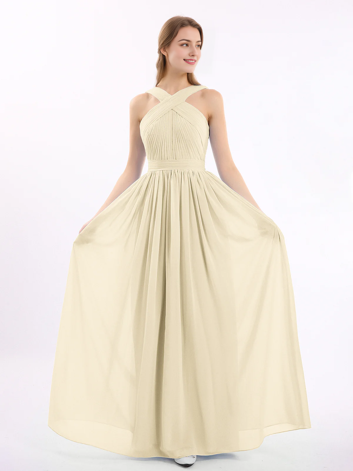 Bow front cross chiffon long dress