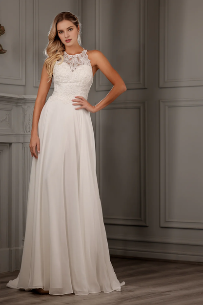 Embroidered lace applique long neck hanging chiffon wedding dress