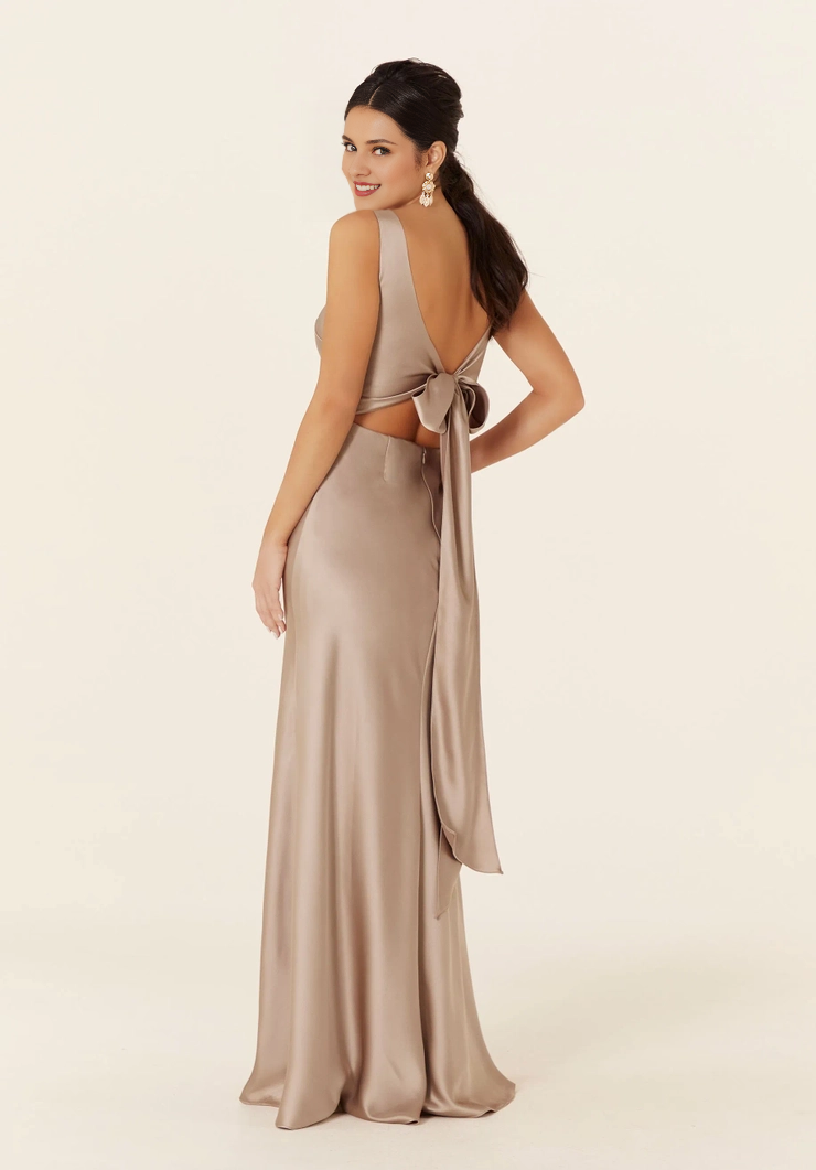 V-neck satin sleeveless tight corset with butterfly bow at the back bridesmaid dress