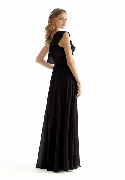 A-line single shoulder collar chiffon ruffle hem skirt with slit and floor length dress