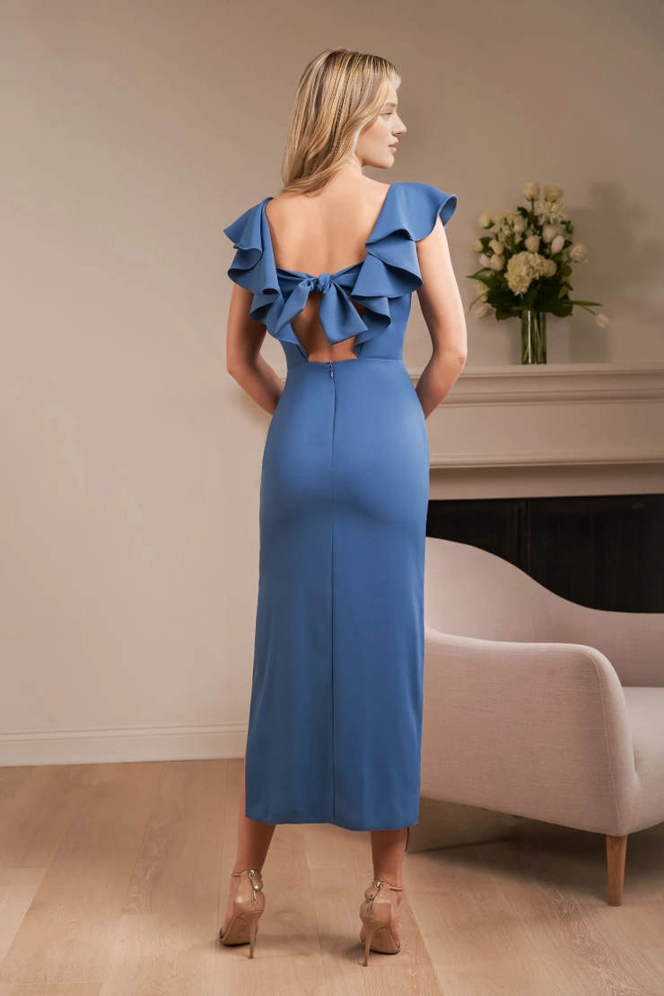 Crepe V-neck tight fitting mid length back layered ruffled bridesmaid dress