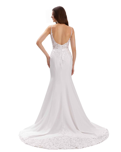 Sexy mermaid slim shoulder strap V-neck ultra long lace wedding dress