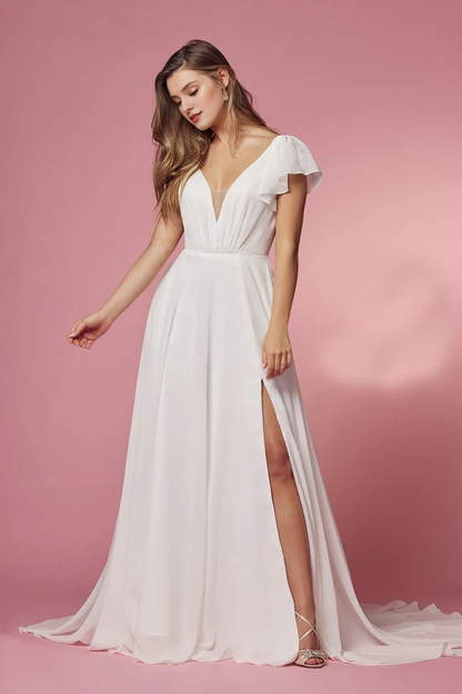 White long short sleeved wedding dress