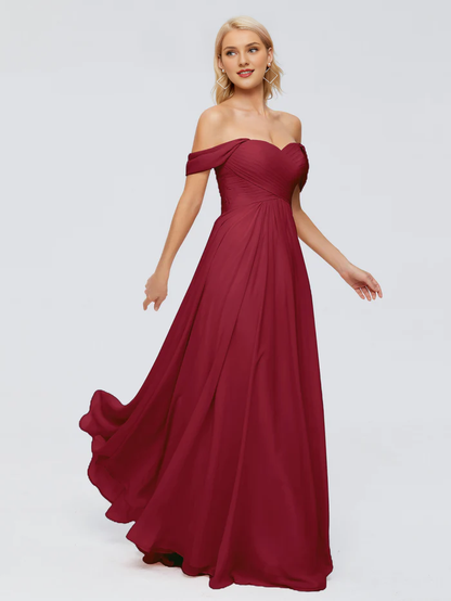 Off shoulder chiffon and floor length bridesmaid dress