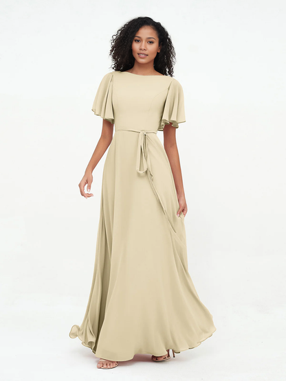 Bow fluttering sleeves chiffon bridesmaid dress