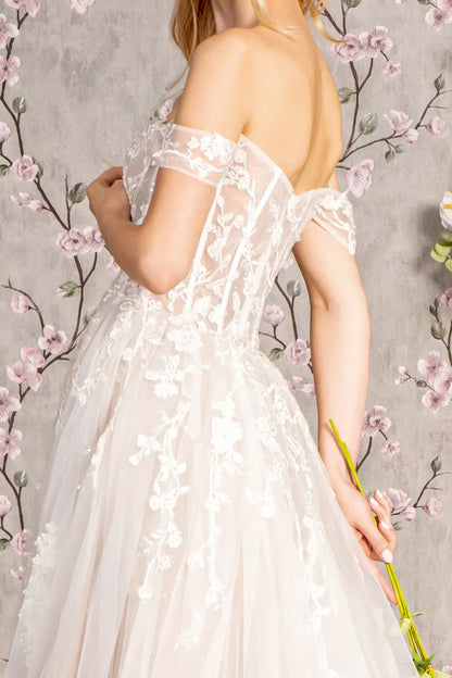 Floral embroidery long open shoulder transparent tight corset wedding dress