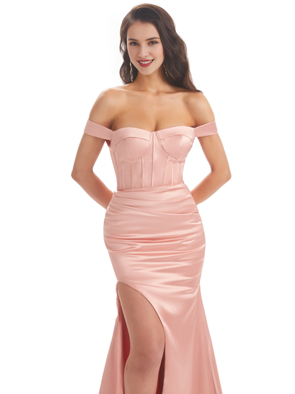 Unique side slit soft satin off shoulder long fish tail bridesmaid dress