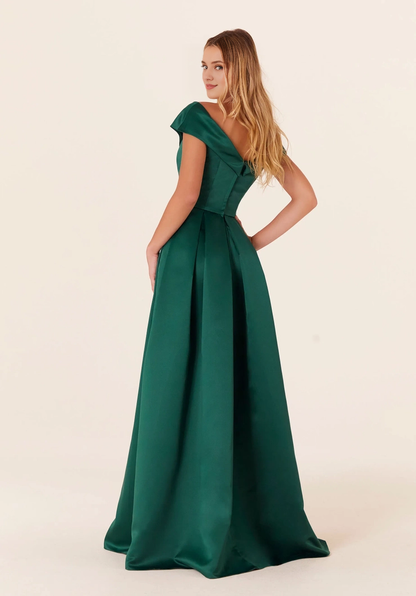 A-line off shoulder collar short sleeved satin front skirt with slit bridesmaid dress