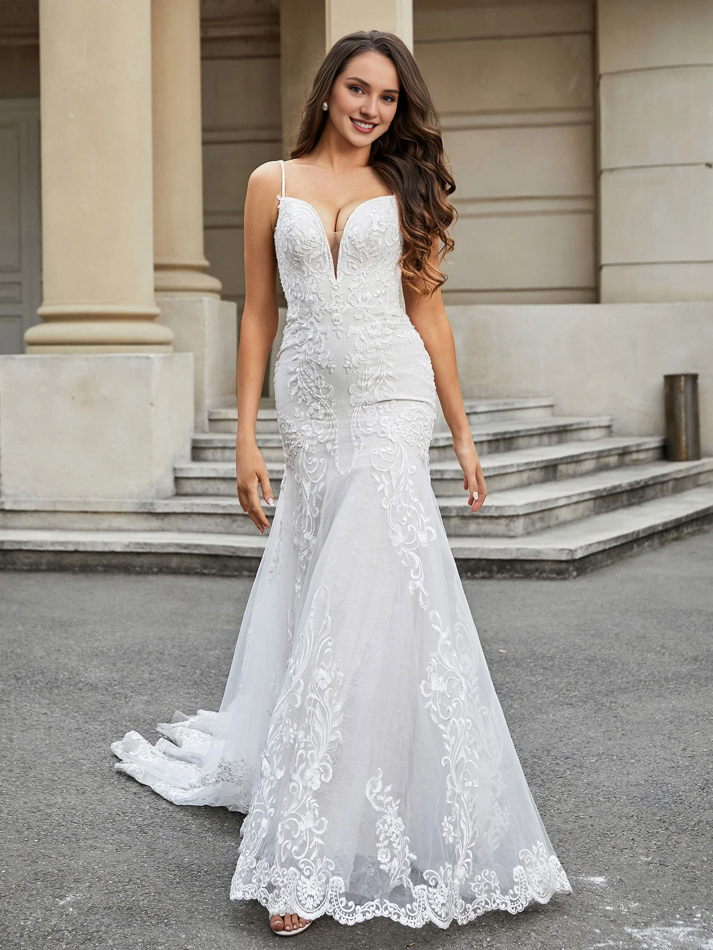 Fish tail lace church trailing wedding dress