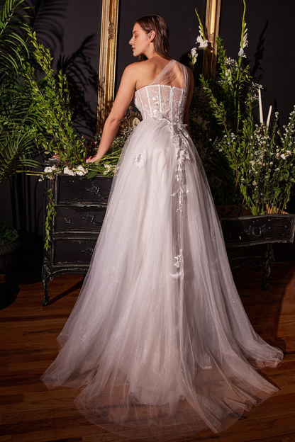 Floral embroidery off white long one shoulder wedding dress