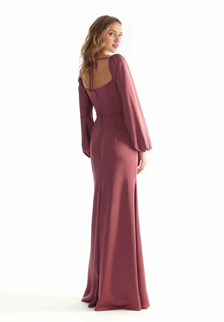 Long sleeved square collar with exposed back zipper and floor length dress