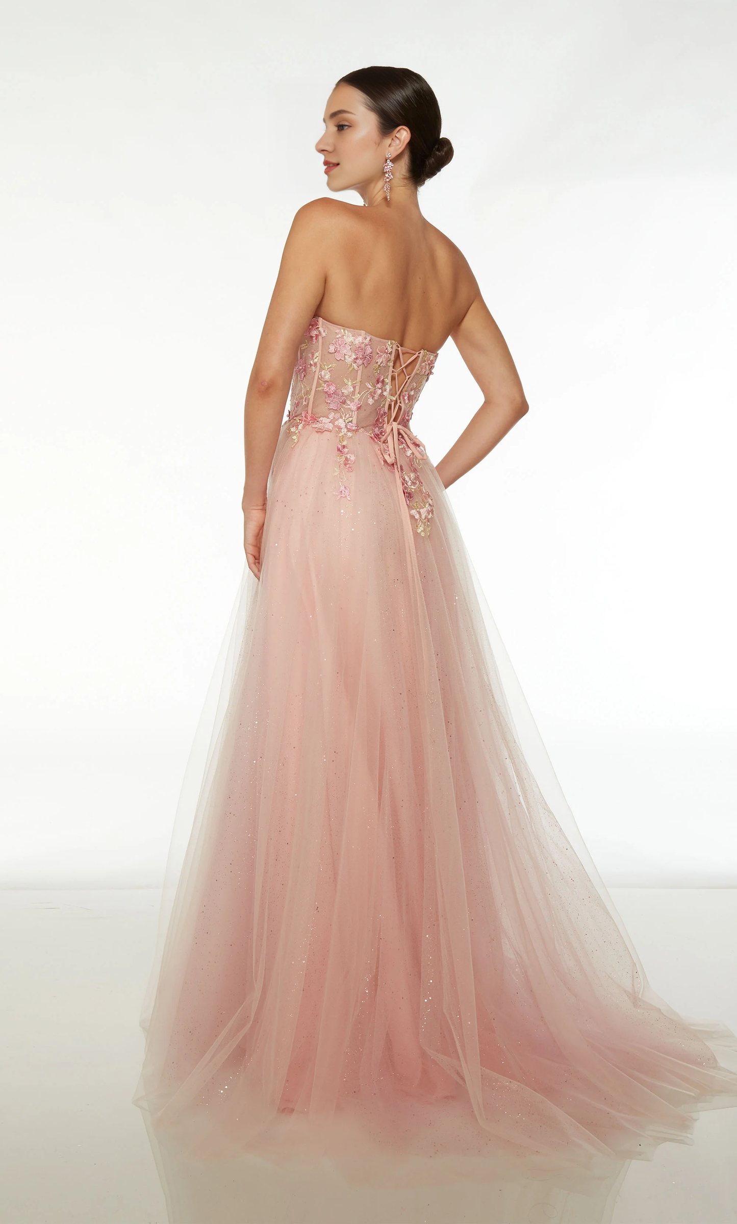 Sparkling chiffon strapless A-line evening gown tight corset floral lace applique long formal dress