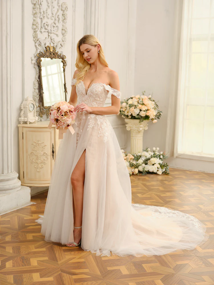 V-neck sleeveless applique and beaded long wedding dress