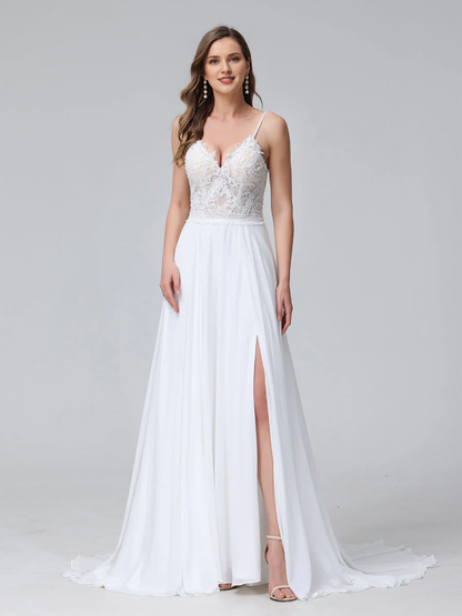 A-line thin shoulder strap V-neck sleeveless long chiffon wedding dress