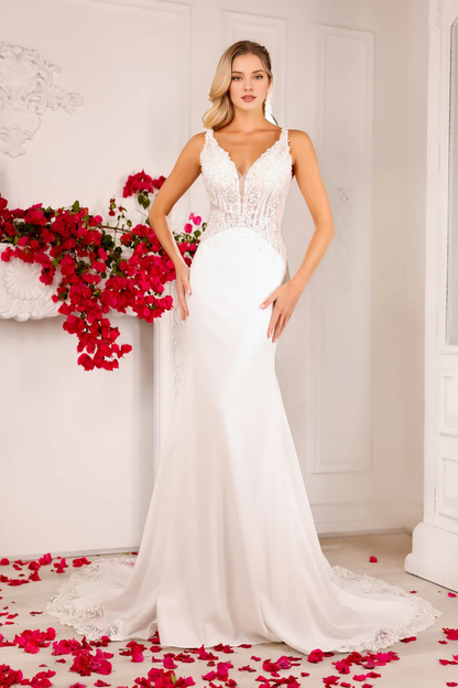 Embroidered lace long sleeveless satin wedding dress