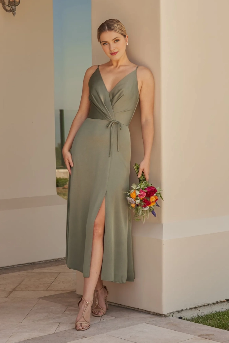 Thin shoulder strap V-shaped cross neckline bow front slit bridesmaid dress