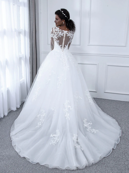 Long sleeved and applique transparent collar chiffon ball gown wedding dress