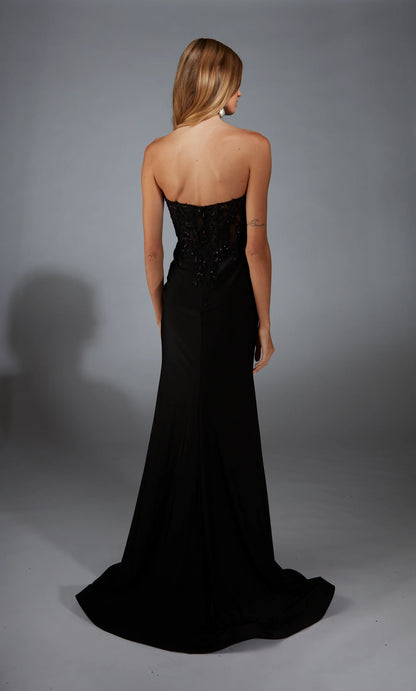 Lace strapless fitted trumpet shaped evening gown with slit and tight corset long formal dress