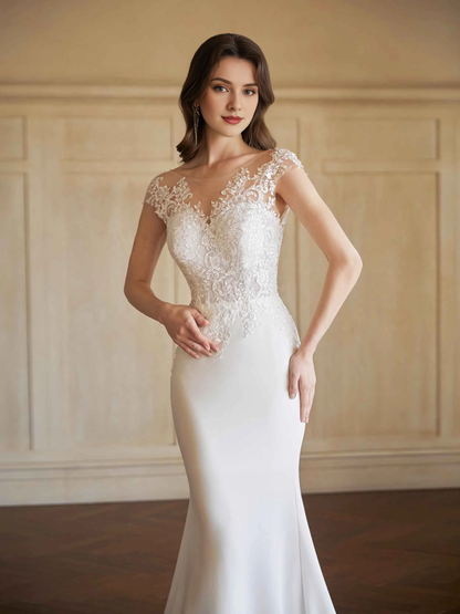 Sleeved sexy fishtail backless V-neck extra long lace wedding dress