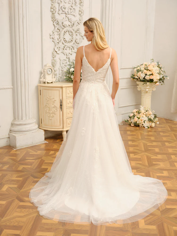 A-line applique sequin princess thin shoulder strap sleeveless long wedding dress