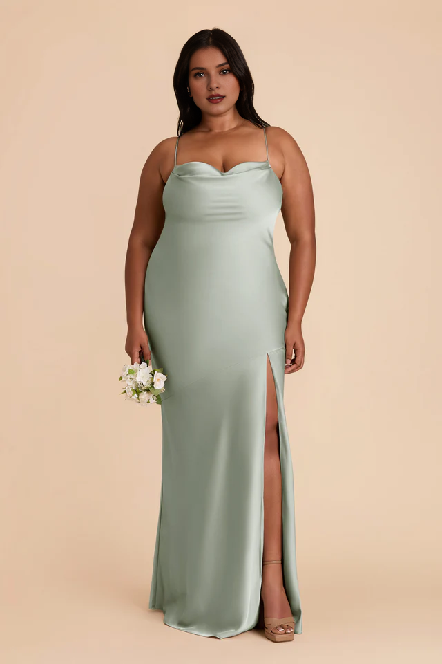 A-line neck hanging thin shoulder strap scarf with slit bridesmaid dress