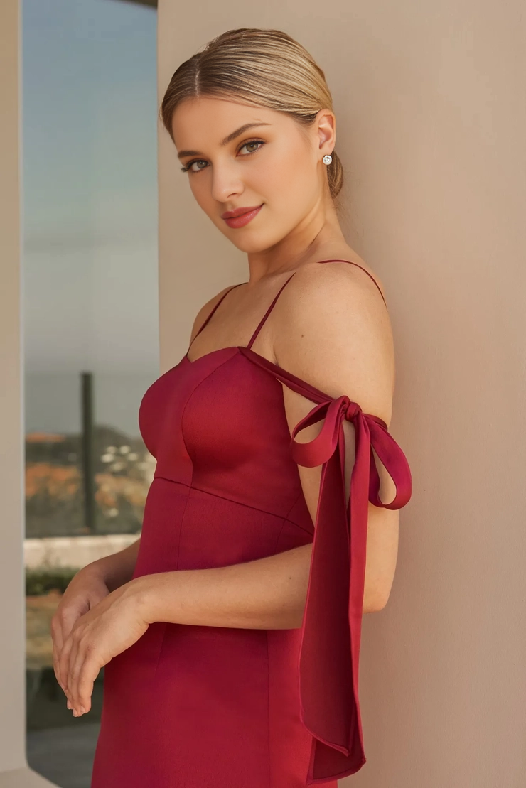 Heart shaped collar thin shoulder straps off shoulder bow tie tight fitting medium length bridesmaid dress