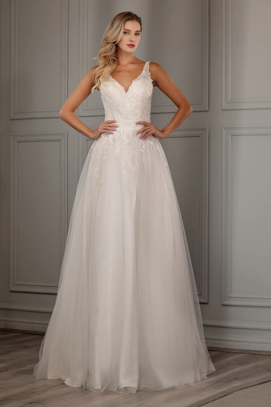 Embroidered lace applique long sleeveless chiffon wedding dress