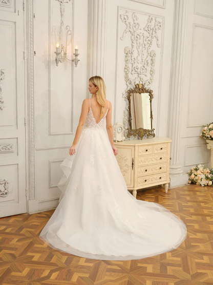 Thin shoulder strap with applique beads V-neck sleeveless long wedding dress