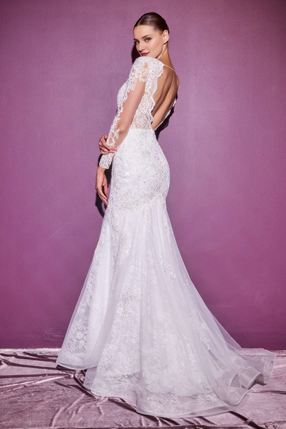 Long sleeved lace fishtail wedding dress