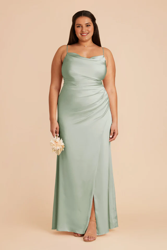 Thin shoulder strap pleated collar matte satin fish tail slit bridesmaid dress