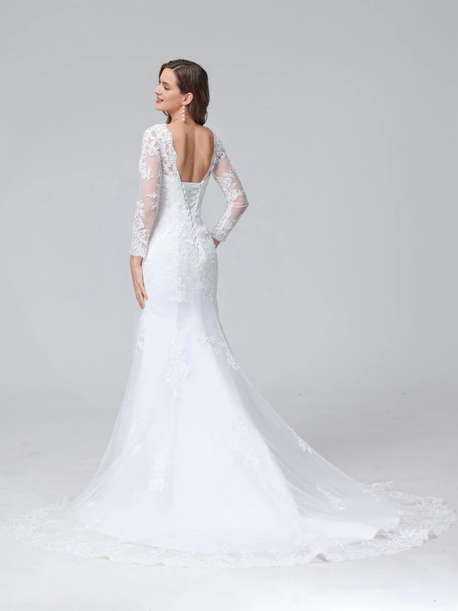 Horn fish tail long sleeved embroidered lace wedding dress