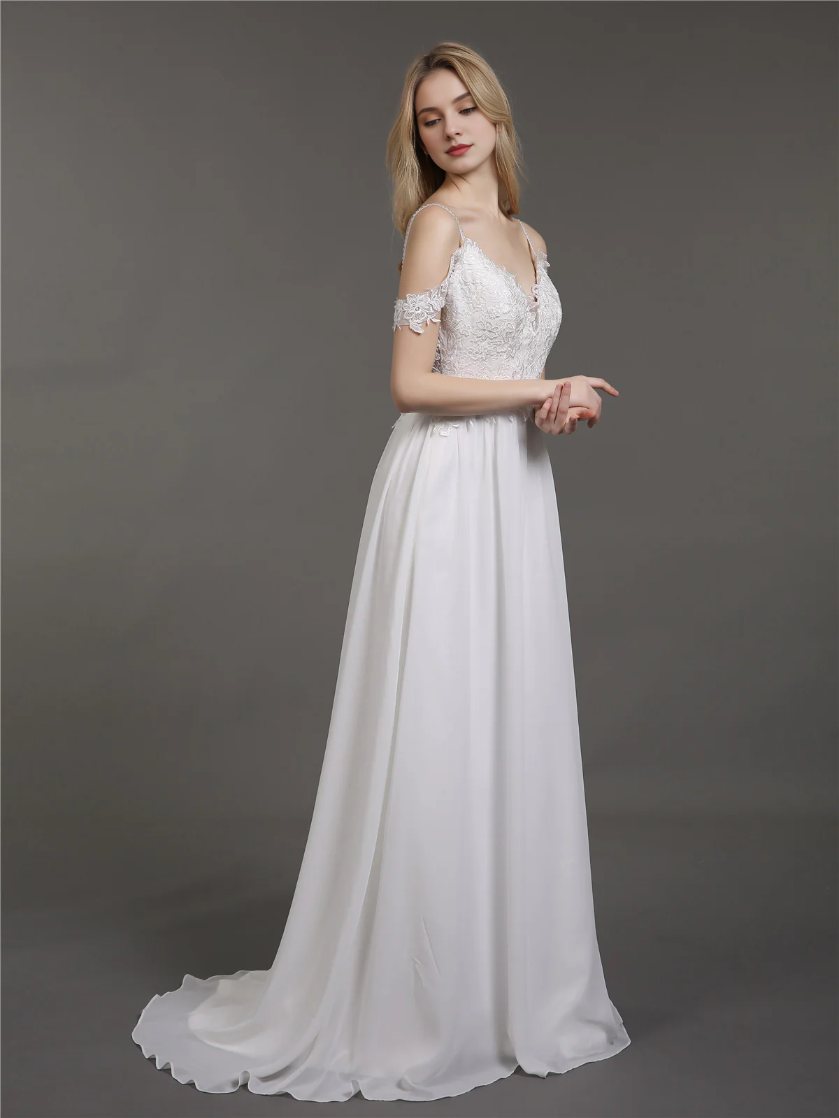 Thin shoulder chiffon minimalist wedding dress