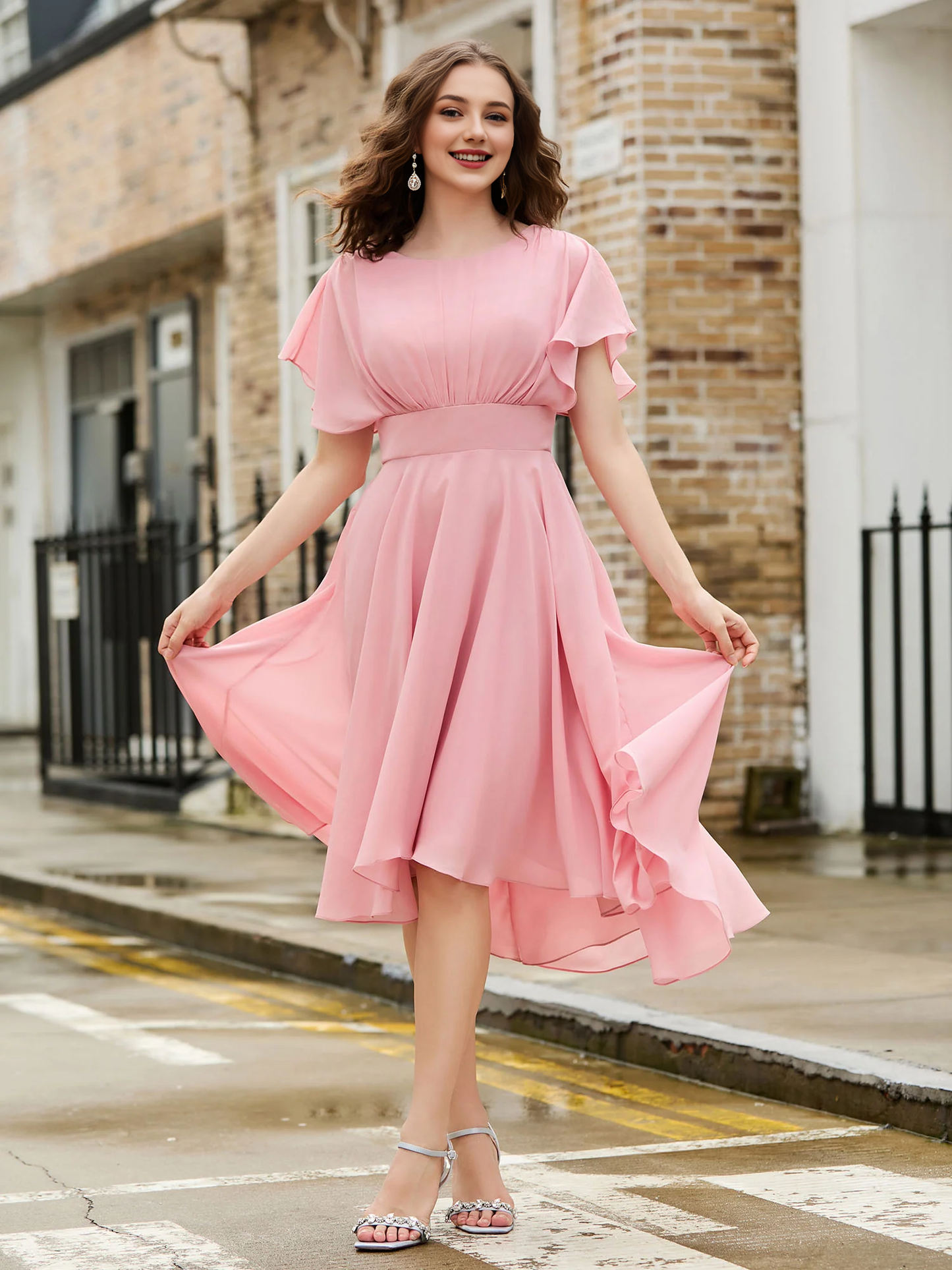 Drifting sleeves gemstone collar chiffon Homecoming dress