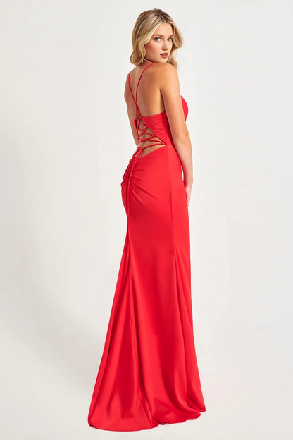 Thin shoulder strap V-neck satin back strap exposed back and floor length dress