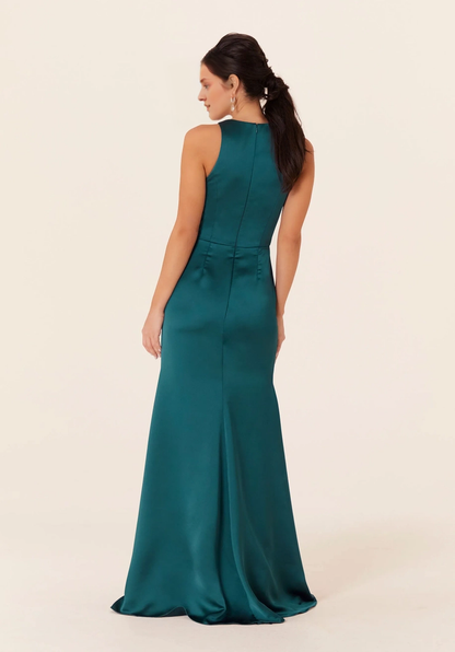 A-line V-neck satin sloping corset back zipper bridesmaid dress