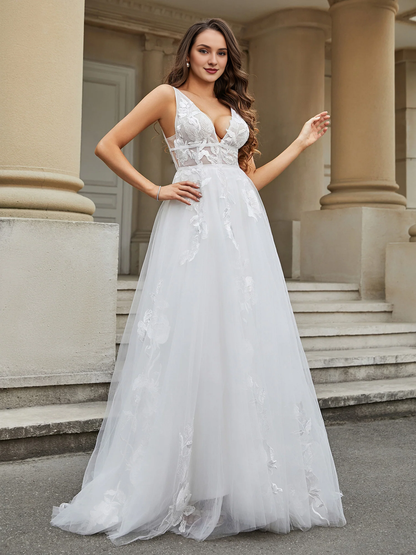 V-neck lace applique chiffon wedding dress