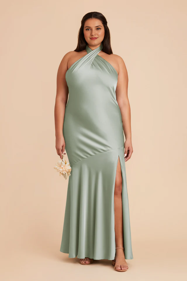 A-line diagonal seam front cross slit hanging neck bridesmaid dress